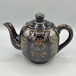 Brown Betty Redware Pumpkin Shape Moriage Teapot Floral Hand Painted Japan - B
